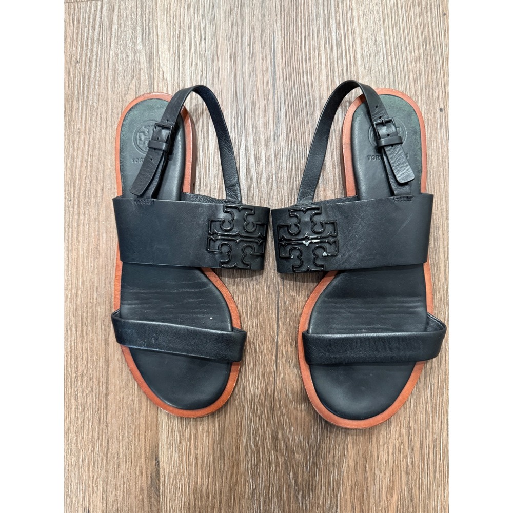 Tory Burch Black Leather Slingback Flat Sandals Logo Strap Womens 7M